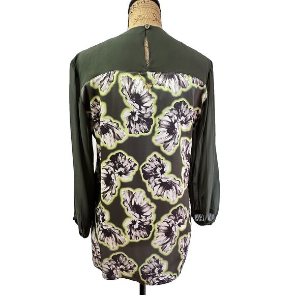 Blugirl Folies Silk Women Blouse SZ 8 Green Floral Sheer Long Sleeves Top Italy - Picture 4 of 16